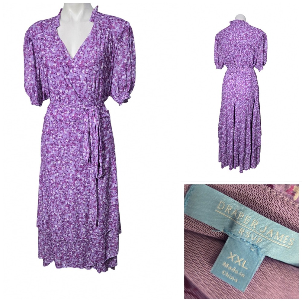 Draper James RSVP Purple Floral Faux Wrap Midi Dress XXL Puff Sleeve Ruffle Neck